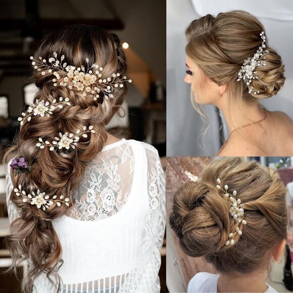 ?Women Gold Hair Comb and 4 Pins Bridal Pearl Crystal Wedding Hair Comb